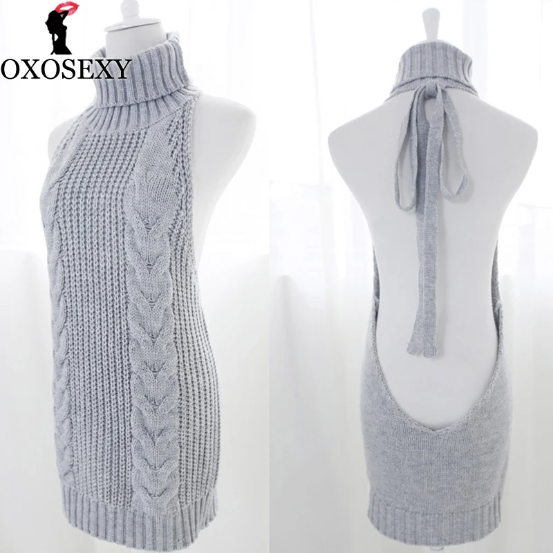 Трикотажный свитер серого цвета с высоким воротом и открытой спиной Эротическое