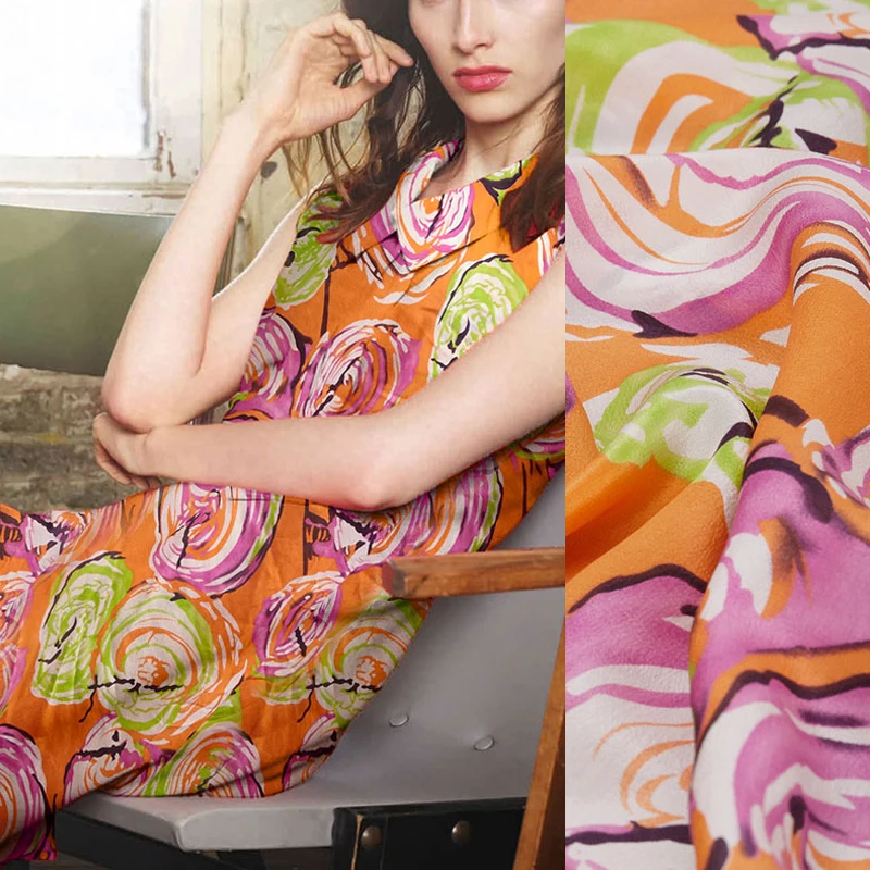 

110CM Wide 12MM Orange Print Silk Crepe de Chine Fabric for Summer Dress Shirt Scarf Cheongsam Skirt Pants Suit C026