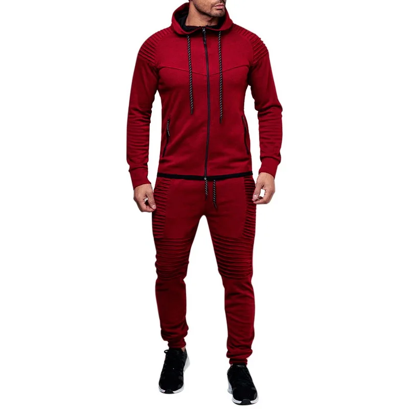 2Wine red Set Осенний повседневный мужской комплект, модная однотонная Черная мужская толстовка с капюшоном+ штаны, спортивный костюм с карманами и завязками, комплект спортивной одежды размера плюс - Цвет: 2Wine red Set