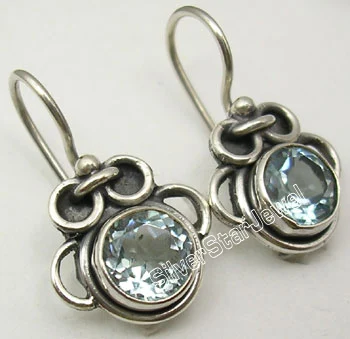 BLUE TOPAZ Chanti Международный твердый Серебряный Синий огненный Лабрадорит Античный стиль Искусство Серьги 7/8 дюймов - Окраска металла: BLUE TOPAZ