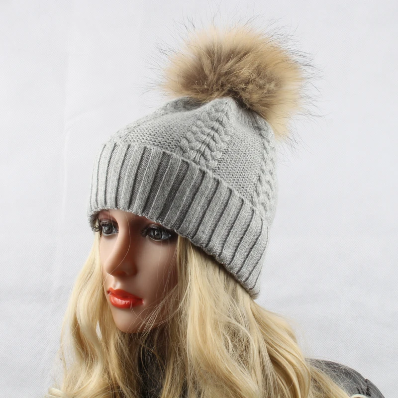 Зимние шапки из меха норки женские мяч натурального енота вязаные шерсти и