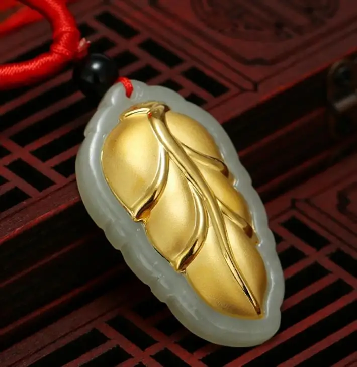 Exquisite Hetian jade 3D gold leaf pendant h11# | Украшения и аксессуары