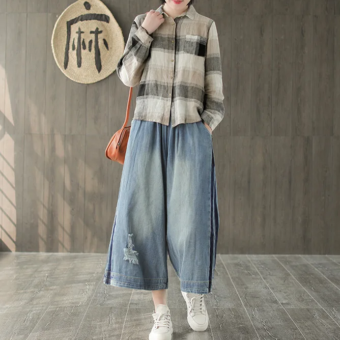 BUYKUD Women Elastic Waist Jeans Woman Boyfriend Wide Leg Side Striped 2019 Summer Hole Denim Mom Korean Pants |