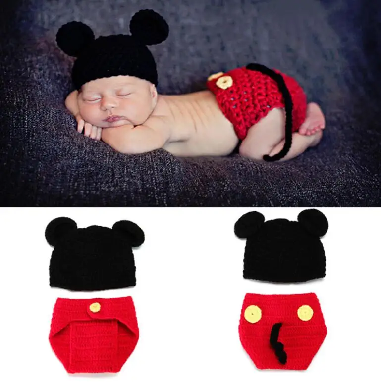 2 pcs-Red02 1 комплект, вязаный костюм «кроше» для новорожденных мальчиков и девочек, наряд для фотосессии с шапочкой, вязаный костюм «Минни» - Цвет: 2 pcs-Red02