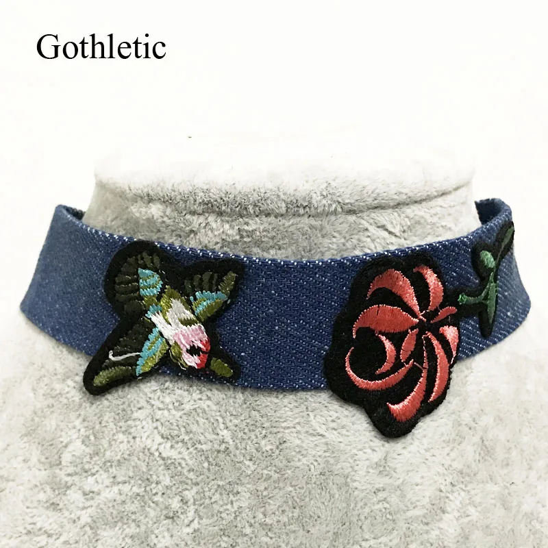 Модный новый голубой джинсовый чокер gotetic 2019 ожерелье с цветочной вышивкой птицы