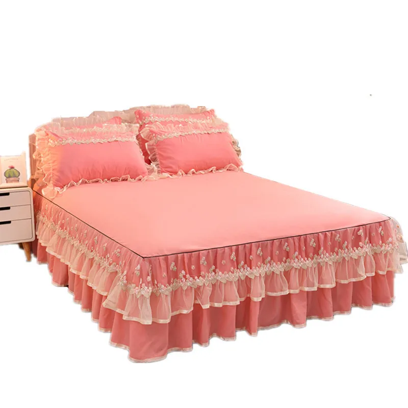 light pink Синий бежевый, розовый Принцесса Кружева Постельные Принадлежности Постельный Комплект 1/3 шт Твердые Цвет покрывало простыня девушки покрывало домашний текстиль - Цвет: light pink