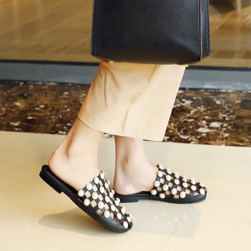 ZawsThia summer pu leather flat slides shoes woman slippers with pearls cover toe hallow cut out mules extra large size 46 47 48 | Обувь