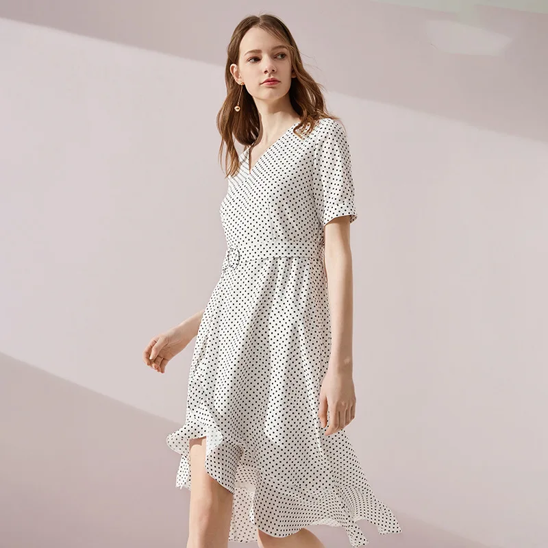 Ruffle Polkadot Print Summer Dress Vintage Irregular Wrap Women V Neck Short Sleeve ALine High Waist Elegant Dresses | Женская одежда