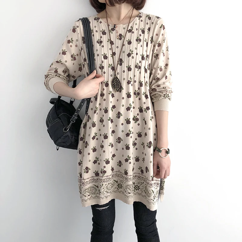 2019 Women Print Floral Cotton Long Shirt Summer Spring Sleeve Vintage Knit Coat Big Size Loose Blouse YoYiKamomo |