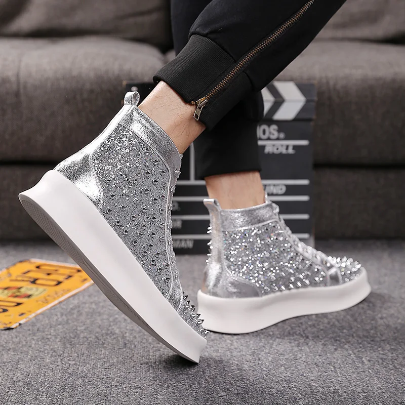 British luxury fashion men party banquet dresses soft leather rivet shoes flat platform shoe personality hip hop ankle boots man