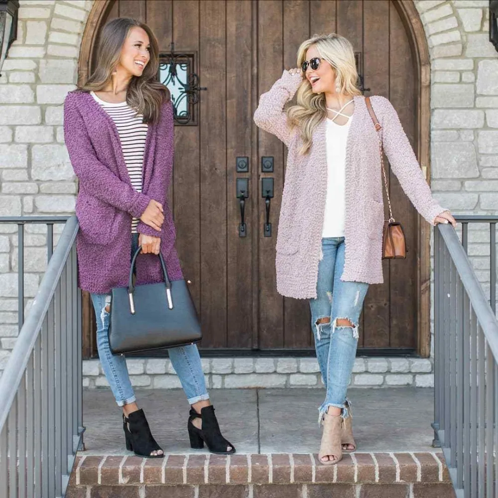 2019 Fashion Womens Popcorn Open Cardigan Long Sleeves Solid Color Knit Sweater with Pockets Tops Front Tunic Length Thin |