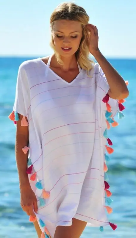 

Tassel Beach Cover Up Ladies Swimwear Lace Chiffon Bikini Cover Up Beachwear Kaftan Loose Short Summer Shirtdress