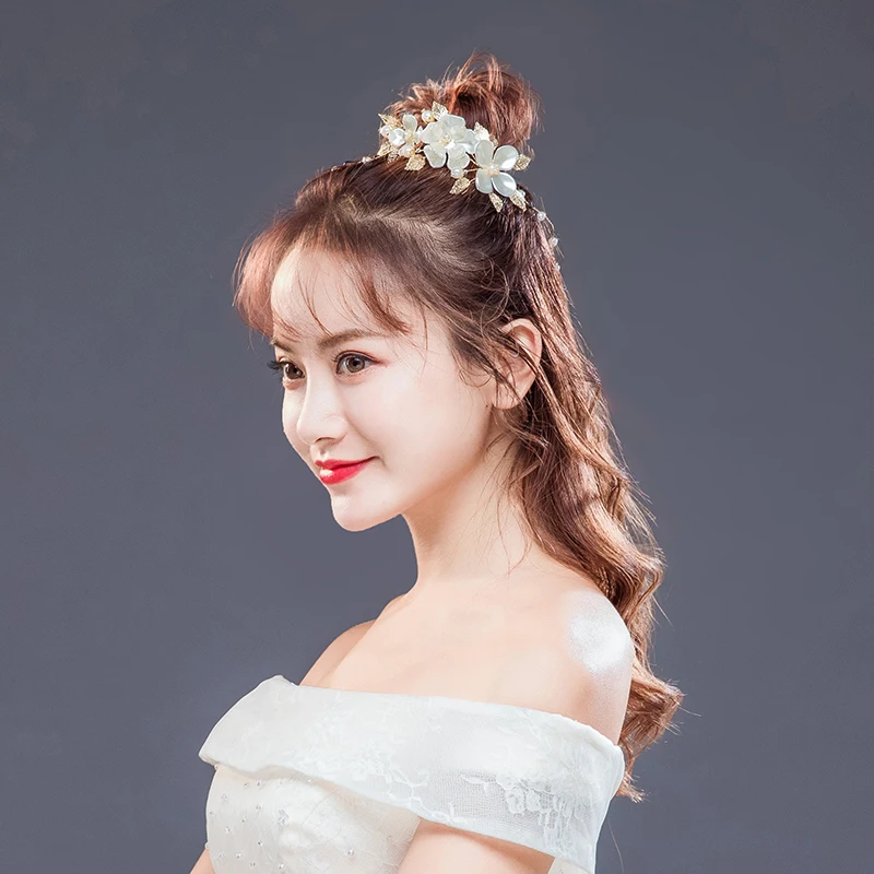 Жемчужный цветок невесты ободок Золотой с листьями для Свадебные аксессуары