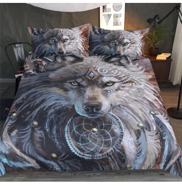 Wolf Warrior by SunimaArt, комплекты постельного белья, американский пододеяльник, индийский волк, перо, Ловец снов, набор постельного белья с 3D принтом, 3 шт., постельное белье