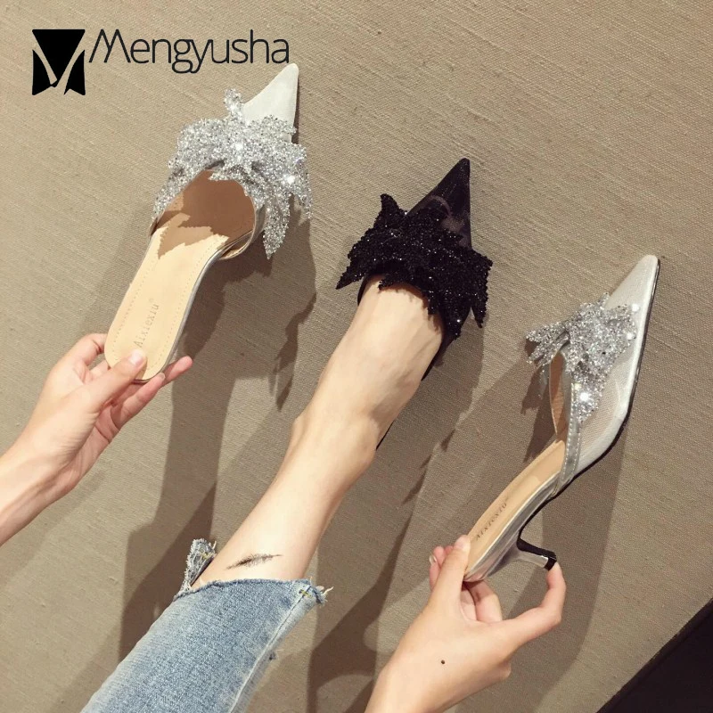 Модные женские туфли лодочки на шпильке с острым носком тапочки шлепанцы летнее