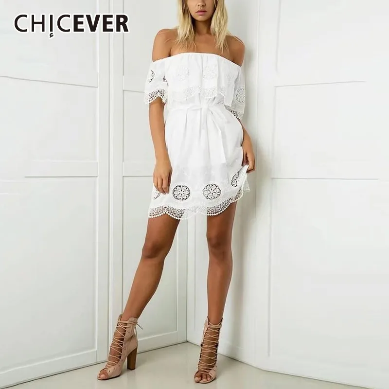 Женское платье с бантом CHICEVER кружевное мини высокой талией и вырезом лодочкой