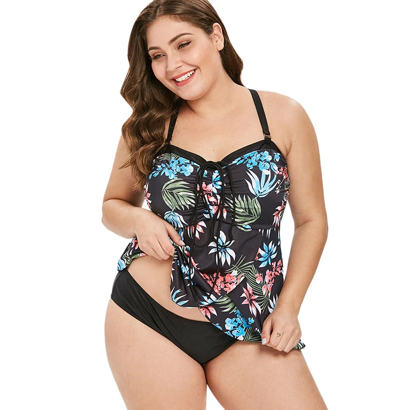 Плюс Размер Тропический цветочный принт из двух частей купальник женский