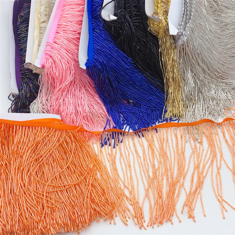 5Meter wholesale 15cm(6inches) heavy Glass Gold color Seed Beaded Fringe Lamp Costume Trim Crafts
