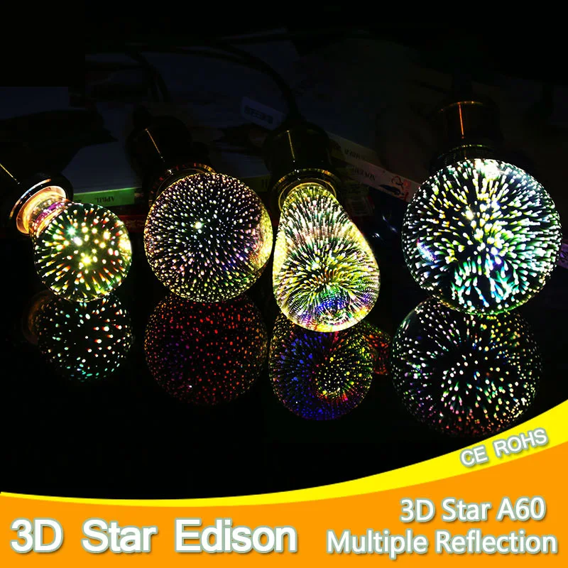 Вечерние 3D Звезда серебро Стекло светодио дный лампочка Эдисона E27 яркие лампы 220