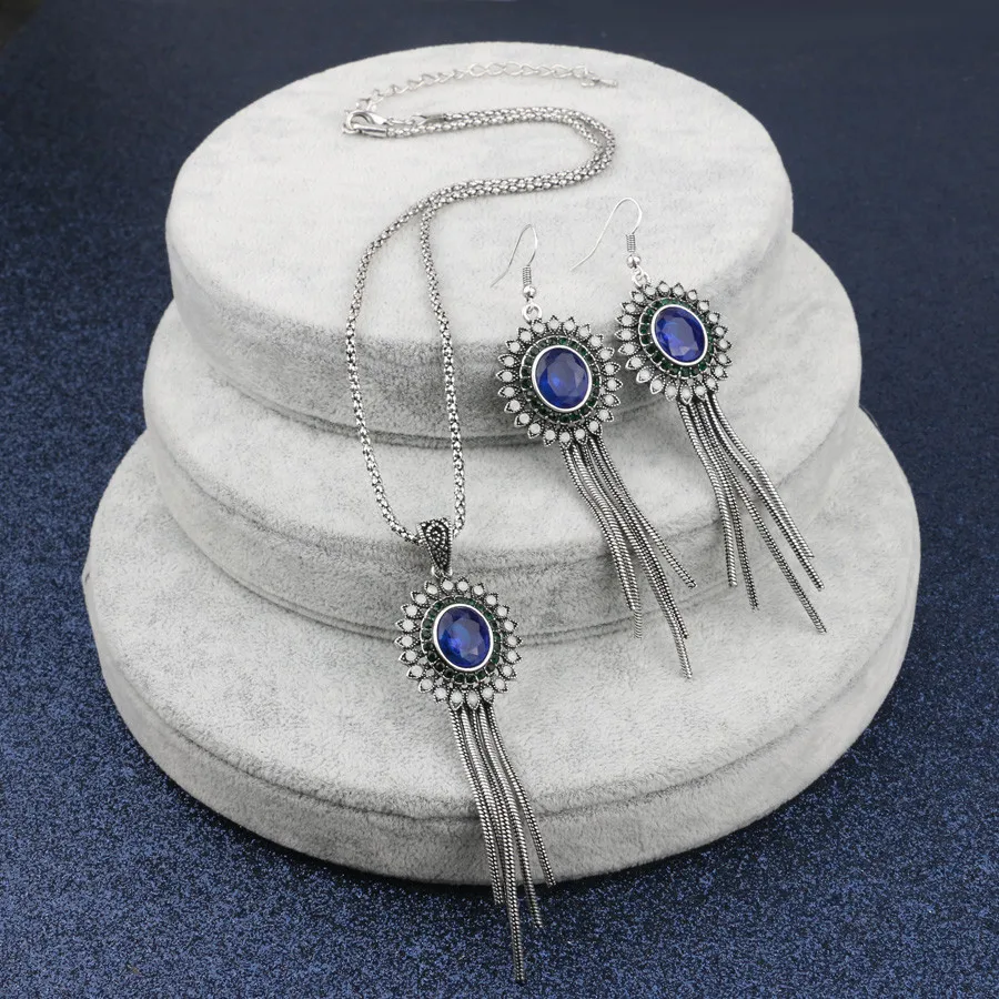 2017 3 шт. роскошный подарок синие резиновые ожерелья с кисточками и серьги кольцо