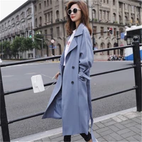 2019 autumn women casual windbreakers solid sashes cotton polyester wide waisted office lady thin long blue black coats 761