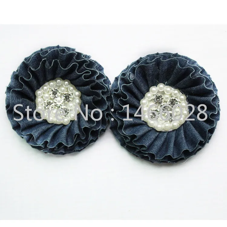 

30 pcs/lot , 8cm rhinestone denim flowers , denim shabby flowers for headband