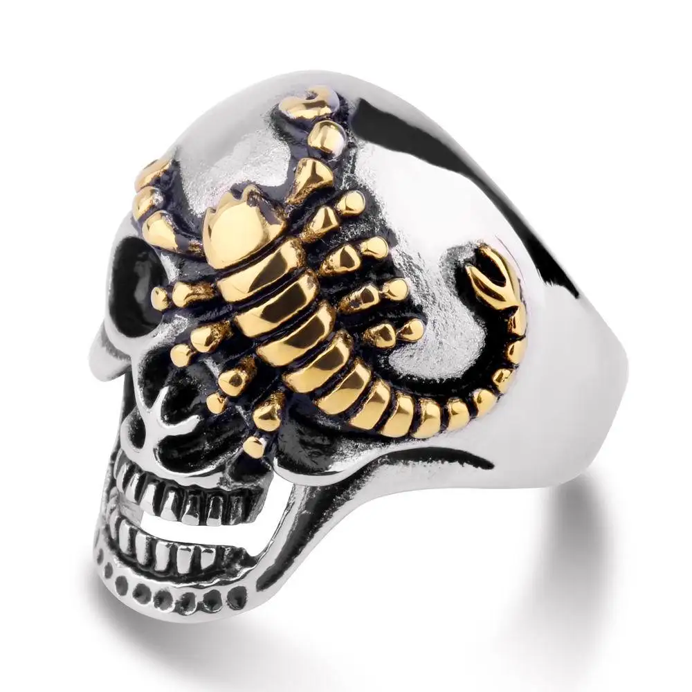 2017 new fashion personality high-quality vintage domineering gold scorpion skull ring titanium steel men's jewelry | Украшения и