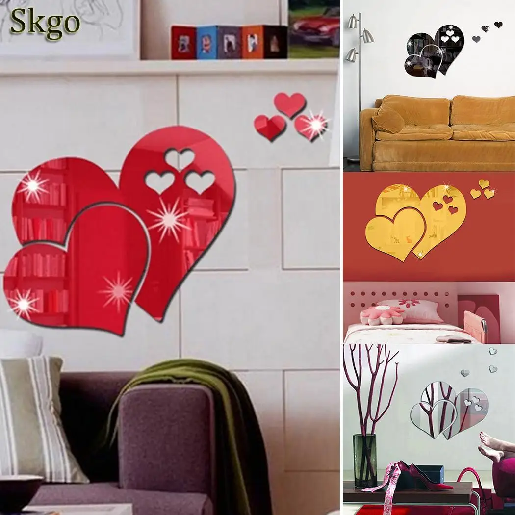 3D настенные украшения наклеивающиеся зеркальные наклейки в форме сердца