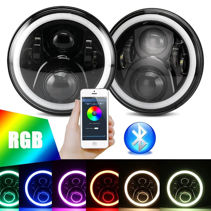 Светодиодные фары с круглым двигателем 7 дюймов 1 пара RGB-подсветка для Jeep Wrangler