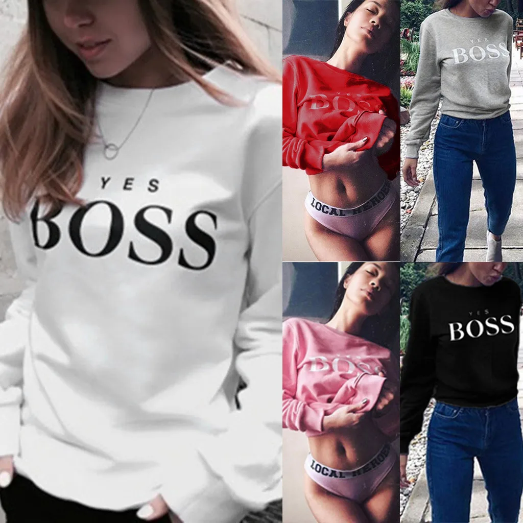 Women Sweatshirt Women Fall Yes Boss Letter Printed Hoodie Sweatshirt Ladies Long Sleeve Pullover Jumper Sudadera Mujer
