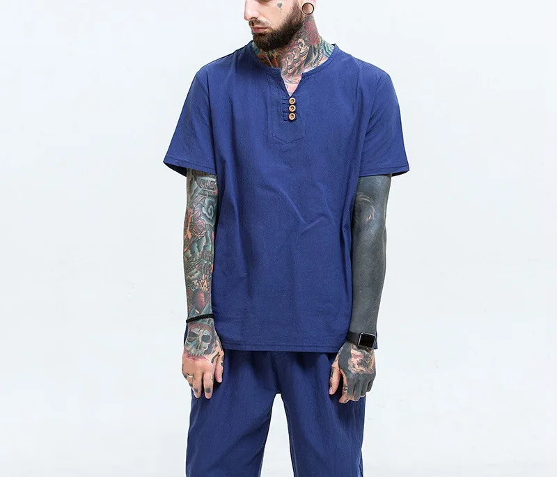 FAISIENS размера плюс большой 9XL 10XL 11XL летние мужские льняные футболки с коротким рукавом и шорты мужские хлопковые 8XL японский стиль с v-образным вырезом футболки