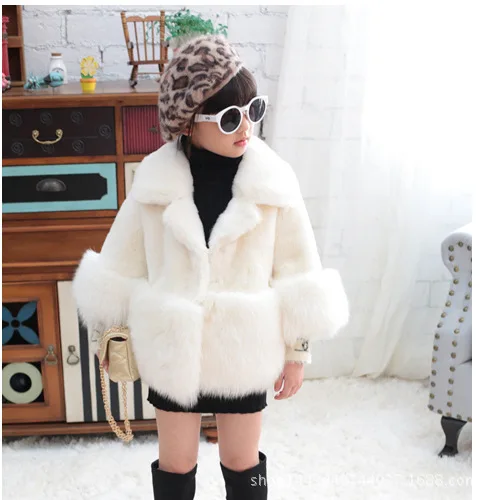 girls turn-down collar fur coat 2019 winter thicker warm white elegant soft plush chlidren outwear jackets | Детская одежда и