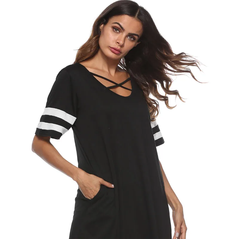 2018 Плюс Размер Свободное женское длинное платье черное с коротким рукавом