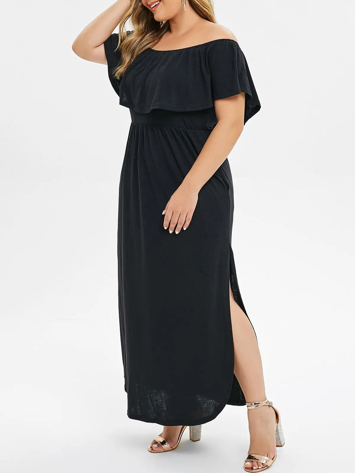 Женское платье с открытыми плечами и разрезом однотонное повседневное пляжное