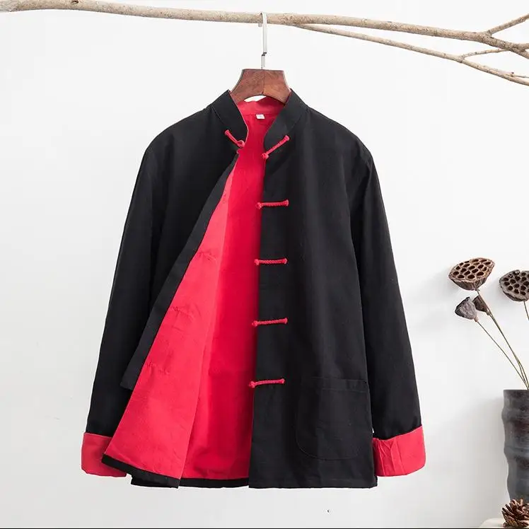 black red Осенняя новинка, хлопок, Китайская традиционная Мужская куртка Кунг-фу с длинным рукавом, Брендовое дизайнерское пальто, униформа Тай Чи, одежда M-4XL - Цвет: black red