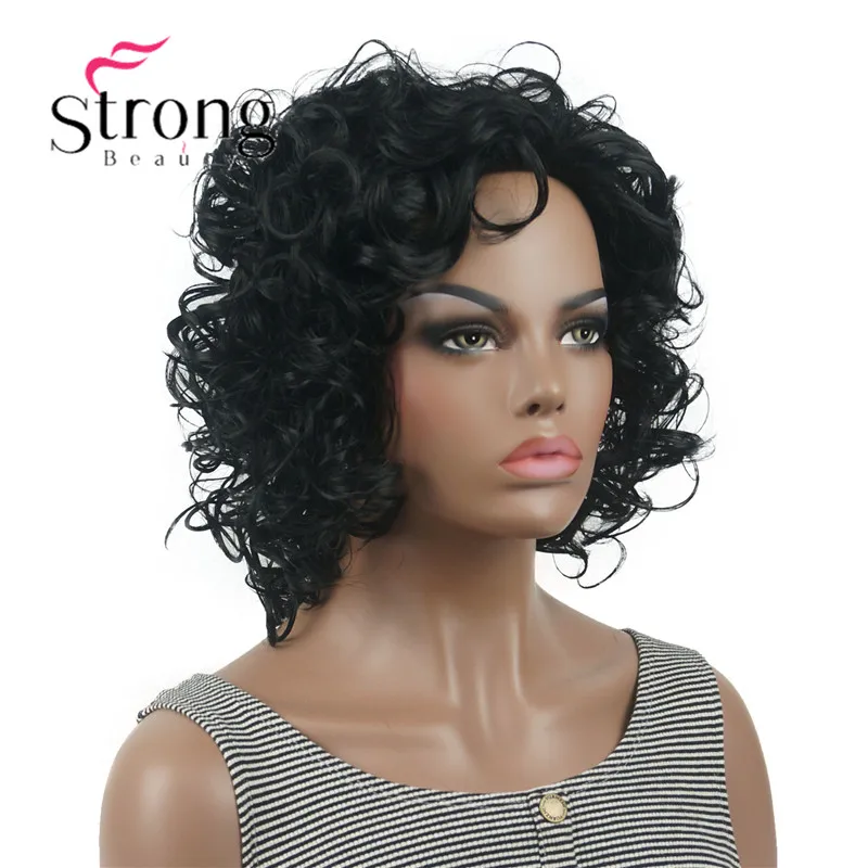 1 Dark Black StrongBeauty короткие супер каштановые с завитками корень с белым золотым наконечником кудрявые короткие синтетические волосы женский парик - Цвет: 1 Dark Black