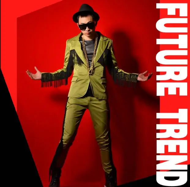 Мужской модный костюм куртка большого размера армейский зеленый с кисточками