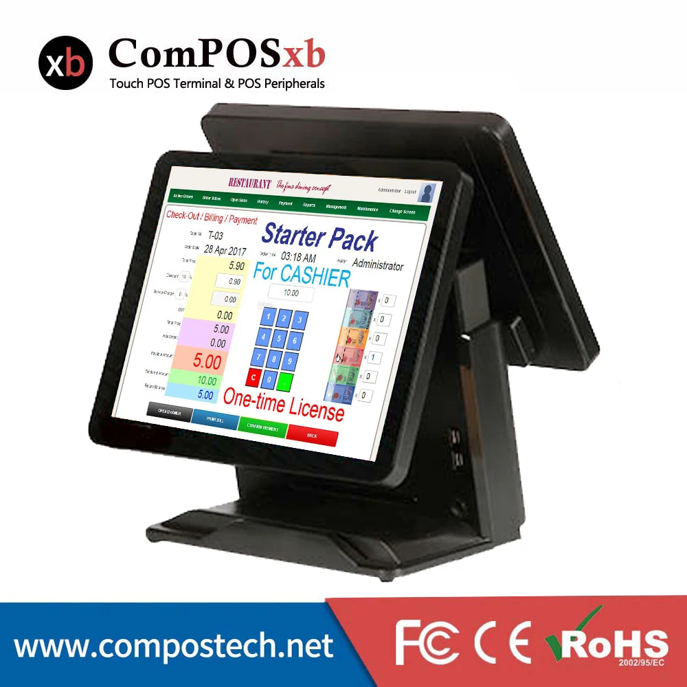 Недорогая POS система с двойным экраном ресторанная 15 дюймовая емкостная