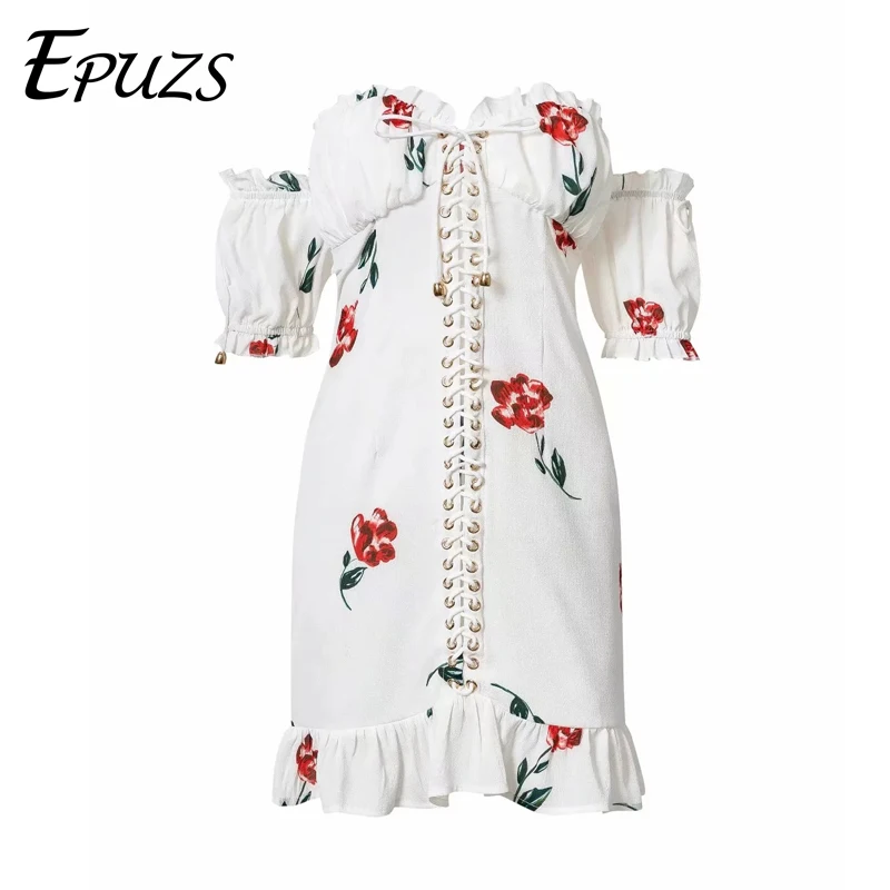 White Summer Dress Vintage Sexy Lace Up Floral mini Dress elegant party Ruffle dress puff Sleeve Strapless bodycon Beach Dress - Color: White
