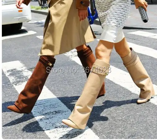 Qianruiti Shark Lock Women Wedge Boots Botines Mujer Knee High Heel Fold Over Height Increasing Motorcycle Booties | Обувь