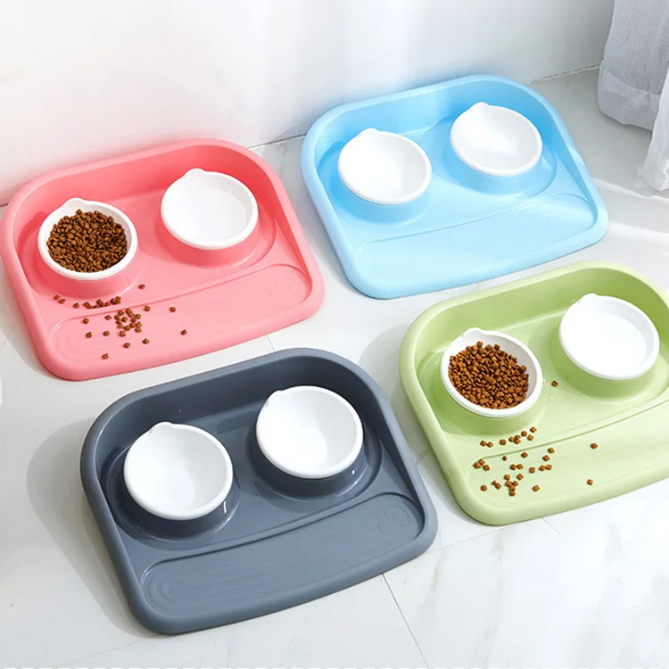 

Pet Dog Bowls Puppy Dog Food Bowl Cat Bowl Water Food Storage Feeder Anti-slip Non-toxic Tray With Two Bowls Combo Rice Basin