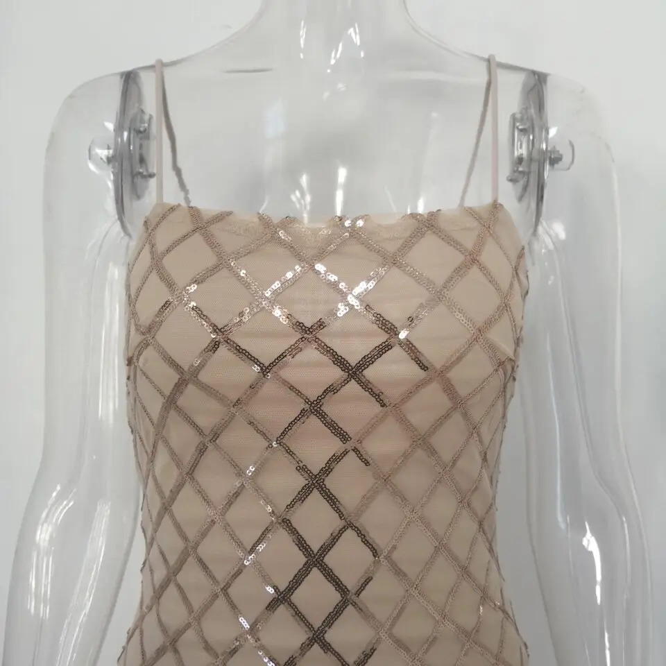 JillPeri Women Mini Dress Sexy Slash Neck Strap Sequin Dresses Sleeveless Plaid Club Wear Short Luxury Gold Summer Daily | Женская