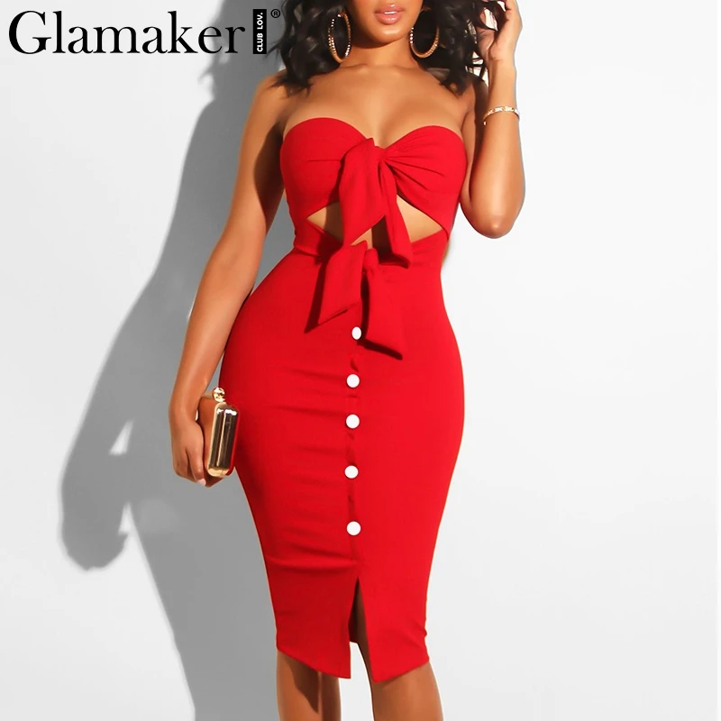 Glamaker, сексуальное женское платье без бретелек, с вырезом, с красным бантом, с разрезом, миди, вечерние, облегающее платье, элегантное, черное, для клуба, на пуговицах, короткое платье