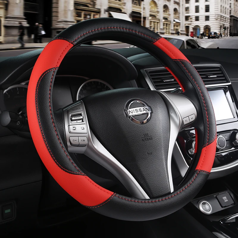 

38CM Leather Steering Wheel Cover for Nissan Qashqai Juke Primera Versa Almera Terrano Kicks March Murano 350z Terrano NV200