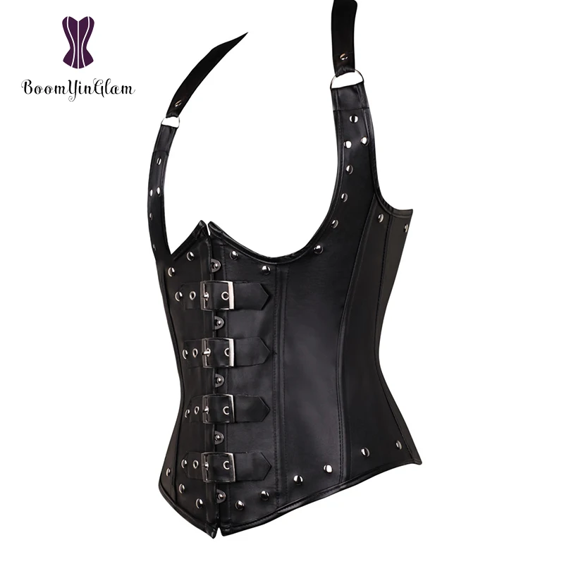 

Plus Size Women's PU Leather Halter Shoulder Straps Underbust Corset Top Steampunk Corset Bustier 828#