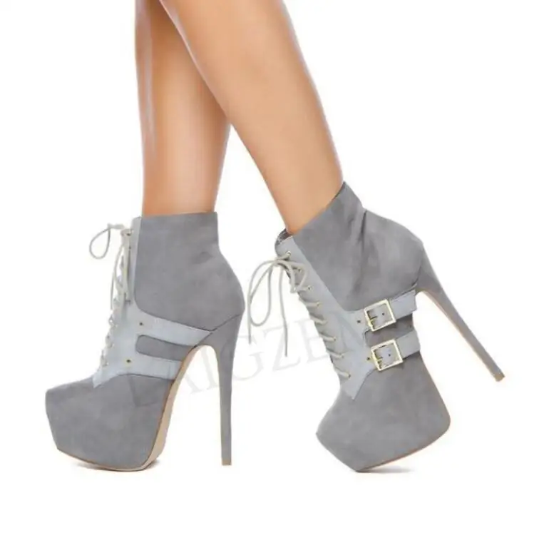 LGZ521 Gray LAIGZEM/Модные женские ботинки; стилеты; Платформа с пряжкой; полусапожки ручной работы; женская обувь; Botines Mujer; большие размеры 34-52 - Цвет: LGZ521 Gray