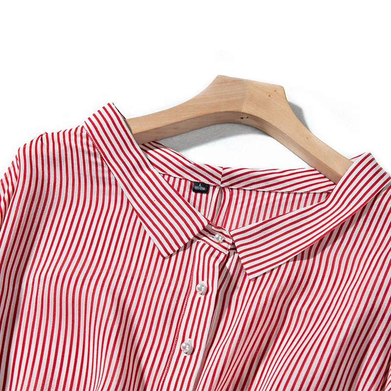 100% Silk Striped Printed New Fashion Womens Half Sleeve Blouses Casual 2 Colors Imitation pearl buckle 2019 |