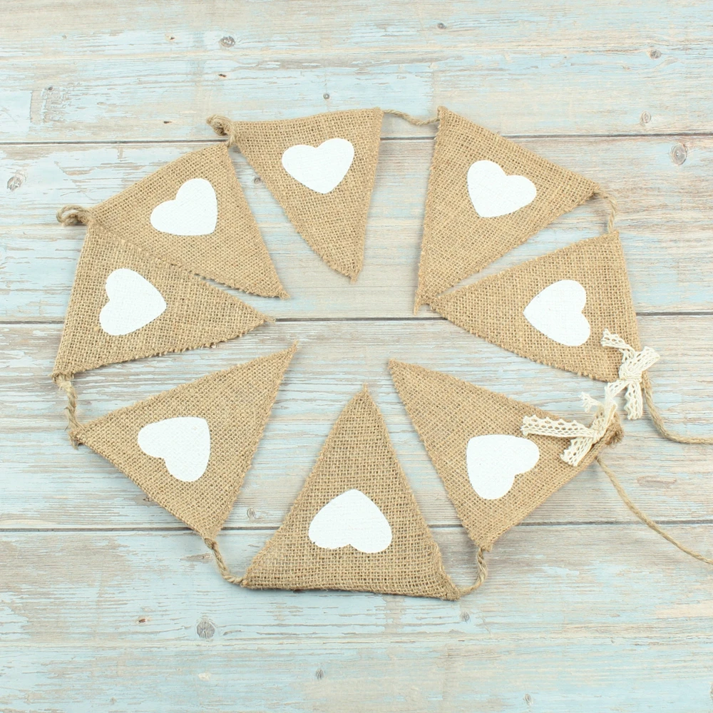 

5set Jute Fabric Bunting Banner white Heart 8 Flags vintage Wedding Party Burlap Banners Rustic wedding decoration Centerpieces