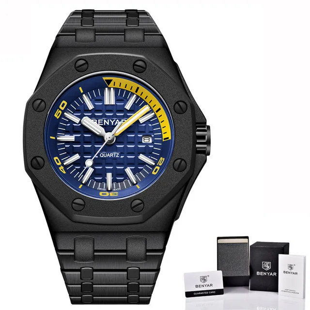 Black Blue with box BENYAR мужские часы Топ люксовый бренд военные Стальные кварцевые часы мужские s водонепроницаемые спортивные наручные часы повседневные часы Montre Homme - Цвет: Black Blue with box