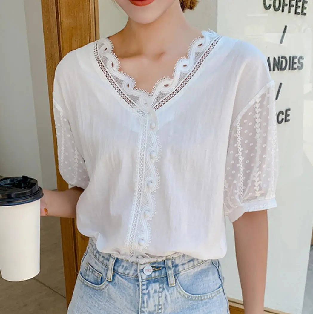 

Causal white embroidery lace hollow out blouse shirt women Ruffles woman blouse top Female loose waist chiffon tops